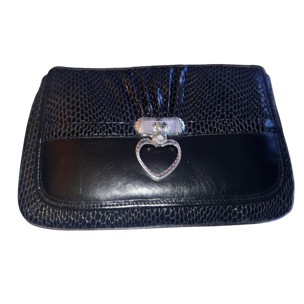 Brighton Black‎ Leather Snakeskin Embossed Heart Crossbody Wallet Bag